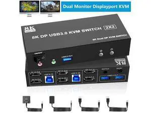AUTYUE 8K@60Hz USB 3.0 Displayport KVM Switch 2 Monitors 2 Computers, DP 1.4 Dual Monitor KVM Switch with 3*USB 3.0 USB Port, Audio and Microphone Ports, Included Wired Remote, 2*USB 3.0 Cables AUTYUE 8K@60Hz USB 3.0 Displayport KVM Switch 2 Monitors 2 Computers, DP 1.4 Dual Monitor KVM Switch with 3*USB 3.0 USB Port, Audio and Microphone Ports, Included Wired Remote, 2*USB 3.0 Cables
