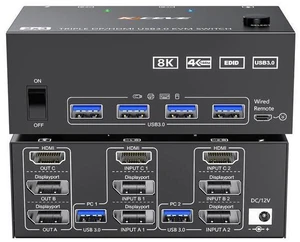 KVM Switch 3 Monitors 2 Computers 8K@60Hz 4K@144Hz, 2 Displayport + HDMI USB 3.0 KVM Switch Triple Monitor with 4 USB 3.0 Port for Keyboard Mouse, Wired Remote,Power Adapter and 5 Cables Included KVM Switch 3 Monitors 2 Computers 8K@60Hz 4K@144Hz, 2 Displayport + HDMI USB 3.0 KVM Switch Triple Monitor with 4 USB 3.0 Port for Keyboard Mouse, Wired Remote,Power Adapter and 5 Cables Included
