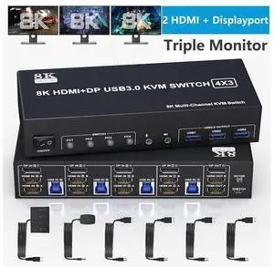 KVM Switch 3 Monitors 4 Computers 8K@60Hz 4K@144Hz, 2 HDMI +1 DisplayPort Triple Monitor KVM Switch for 4 Computer with Audio and 3 USB 3.0 Ports, USB 3.0 KVM Triple Monitor Keyboard Mouse Switcher KVM Switch 3 Monitors 4 Computers 8K@60Hz 4K@144Hz, 2 HDMI +1 DisplayPort Triple Monitor KVM Switch for 4 Computer with Audio and 3 USB 3.0 Ports, USB 3.0 KVM Triple Monitor Keyboard Mouse Switcher