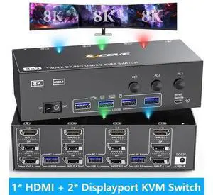 AUTYUE KVM Switch 3 Monitors 3 Computers, 8K@60Hz 4K@144Hz Triple Monitor HDMI + 2 DP KVM Switch, 1 HDMI + 2 Displayport KVM Switch with 4 USB 3.0 Ports, 3 Monitor KVM with Power Adapter, Wired Remote AUTYUE KVM Switch 3 Monitors 3 Computers, 8K@60Hz 4K@144Hz Triple Monitor HDMI + 2 DP KVM Switch, 1 HDMI + 2 Displayport KVM Switch with 4 USB 3.0 Ports, 3 Monitor KVM with Power Adapter, Wired Remote