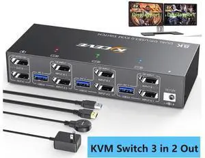 AUTYUE Dual Monitor Displayport KVM Switch 2 Monitors 3 Computers 8K@60Hz 4K@144Hz, 2 Monitors DP KVM Switch with 4 USB 3.0 Ports for Keyboard Mouse Printer, with Wired Remote and 12V Power Adapter AUTYUE Dual Monitor Displayport KVM Switch 2 Monitors 3 Computers 8K@60Hz 4K@144Hz, 2 Monitors DP KVM Switch with 4 USB 3.0 Ports for Keyboard Mouse Printer, with Wired Remote and 12V Power Adapter