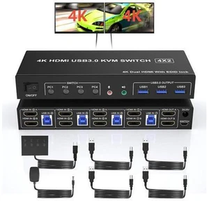 USB 3.0 HDMI KVM Switch 2 Monitors 4 Computers, 4K@60Hz HDMI Dual Monitor KVM Switch for 4 PCs with Audio Output and 3 USB 3.0 Ports, 4 Port HDMI KVM Switch Input Supports EDID Emulators USB 3.0 HDMI KVM Switch 2 Monitors 4 Computers, 4K@60Hz HDMI Dual Monitor KVM Switch for 4 PCs with Audio Output and 3 USB 3.0 Ports, 4 Port HDMI KVM Switch Input Supports EDID Emulators