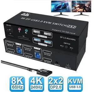 AUTYUE 4K@240Hz Dual Monitor DP 2.0 KVM Switch, 8K@60Hz USB 3.0 Displayport KVM Switch 2 in 2 out, Displayport KVM Switch 2 Monitors 2 PCs, with Audio Microphone Output and 4 USB Ports & SD/TF Solts AUTYUE 4K@240Hz Dual Monitor DP 2.0 KVM Switch, 8K@60Hz USB 3.0 Displayport KVM Switch 2 in 2 out, Displayport KVM Switch 2 Monitors 2 PCs, with Audio Microphone Output and 4 USB Ports & SD/TF Solts