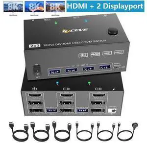 KVM Switch 3 Monitors 2 Computers,Triple Monitors KVM Switch 2 DisplayPort + HDMI 3 Ports 8K@60Hz 4K@144Hz Extended Display, KVM Switches with 4 USB 3.0 Ports for Keyboard, Mouse, U-Disk and Printer KVM Switch 3 Monitors 2 Computers,Triple Monitors KVM Switch 2 DisplayPort + HDMI 3 Ports 8K@60Hz 4K@144Hz Extended Display, KVM Switches with 4 USB 3.0 Ports for Keyboard, Mouse, U-Disk and Printer