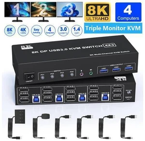 AUTYUE 8K@60Hz USB 3.0 DisplayPort KVM Switch 3 Monitors 4 Computers 4K@144Hz, Triple Monitor DP1.4 KVM Switch for 4 Computer with Audio and 3 USB 3.0 Ports, KVM Triple Monitor Keyboard Mouse Switcher AUTYUE 8K@60Hz USB 3.0 DisplayPort KVM Switch 3 Monitors 4 Computers 4K@144Hz, Triple Monitor DP1.4 KVM Switch for 4 Computer with Audio and 3 USB 3.0 Ports, KVM Triple Monitor Keyboard Mouse Switcher