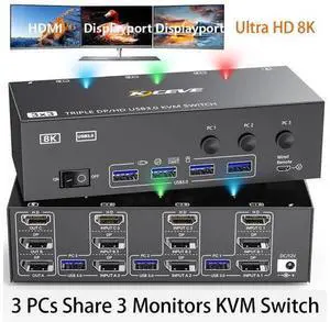AUTYUE KVM Switch 3 Monitors 3 Computers 8K@60Hz 4K@144Hz, HDMI + 2 Displayport KVM Switch Triple Monitor for 3 Computer Share 3 Monitors and 4 USB3.0 Devices, with Wired Remote and 12V power Adapter AUTYUE KVM Switch 3 Monitors 3 Computers 8K@60Hz 4K@144Hz, HDMI + 2 Displayport KVM Switch Triple Monitor for 3 Computer Share 3 Monitors and 4 USB3.0 Devices, with Wired Remote and 12V power Adapter