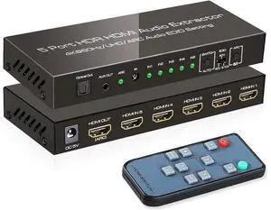4K@60Hz HDMI 2.0 Switch Audio Extractor with Optical + 3.5mm AUX Output, 5 Ports HDMI Switch, Premium 5 in 1 Out HDMI Switcher Converter Support ARC, HDCP 2.2, HDR10, 18Gbps, D-o-lby Vision, D-ol-by 4K@60Hz HDMI 2.0 Switch Audio Extractor with Optical + 3.5mm AUX Output, 5 Ports HDMI Switch, Premium 5 in 1 Out HDMI Switcher Converter Support ARC, HDCP 2.2, HDR10, 18Gbps, D-o-lby Vision, D-ol-by