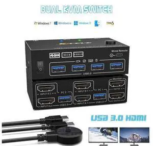 USB 3.0 HDMI KVM Switch for 2 Computers 2 Monitors 4K@60Hz 2K@144Hz, EDID Emulator, Dual Monitor HDMI KVM Switch for 2 PC Share 2 Displays and 4 USB 3.0 Ports, Wired Remote and USB Cables Included USB 3.0 HDMI KVM Switch for 2 Computers 2 Monitors 4K@60Hz 2K@144Hz, EDID Emulator, Dual Monitor HDMI KVM Switch for 2 PC Share 2 Displays and 4 USB 3.0 Ports, Wired Remote and USB Cables Included