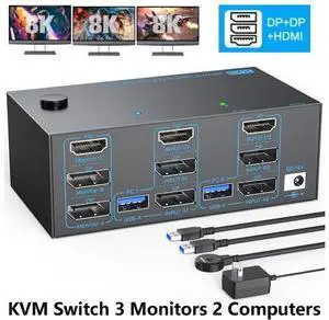 AUTYUE KVM Switch 3 Monitors 2 Computers, 2 Displayport + 1 HDMI Triple Monitor USB 3.0 KVM Switches, DP 1.4 Supports 8K@30Hz/4K@144Hz, HDMI Supports Max 8K@60Hz/4K@120Hz with Wired Remote Control AUTYUE KVM Switch 3 Monitors 2 Computers, 2 Displayport + 1 HDMI Triple Monitor USB 3.0 KVM Switches, DP 1.4 Supports 8K@30Hz/4K@144Hz, HDMI Supports Max 8K@60Hz/4K@120Hz with Wired Remote Control