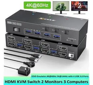 AUTYUE 3 in 2 Out KVM Switch 2 Monitors 3 Computers 4K@60Hz, EDID Emulator, Dual Monitor HDMI KVM Switch for 3 Computers Share 2 Monitor and 4 USB 3.0 Devices, with Wired Remote and 12V Power Adapter AUTYUE 3 in 2 Out KVM Switch 2 Monitors 3 Computers 4K@60Hz, EDID Emulator, Dual Monitor HDMI KVM Switch for 3 Computers Share 2 Monitor and 4 USB 3.0 Devices, with Wired Remote and 12V Power Adapter