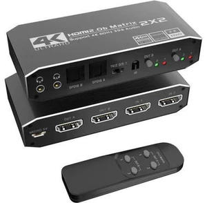 2x2 4K HDMI Switch, 2x2 HDMI Matrix Switcher, 4K 60Hz Video Switcher 2 in 2 Out Splitter Support Optical and 3.5mm Audio Output with IR Remote Controller Compatible with 3D, HDMI 2.0b, HDCP 2.2 2x2 4K HDMI Switch, 2x2 HDMI Matrix Switcher, 4K 60Hz Video Switcher 2 in 2 Out Splitter Support Optical and 3.5mm Audio Output with IR Remote Controller Compatible with 3D, HDMI 2.0b, HDCP 2.2