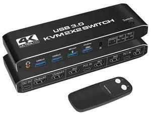 2x2 USB 3.0 KVM Switch 2 Monitors 2 Computers 2 in 2 Out, 2 Port Dual Monitor HDMI KVM switches with Audio, Keyboard Video Mouse Peripherals KVM Switch Support UHD 4K @60Hz, USB 3.0 Hub, Hotkey 2x2 USB 3.0 KVM Switch 2 Monitors 2 Computers 2 in 2 Out, 2 Port Dual Monitor HDMI KVM switches with Audio, Keyboard Video Mouse Peripherals KVM Switch Support UHD 4K @60Hz, USB 3.0 Hub, Hotkey
