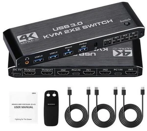 KVM Switch 2 Monitors 2 Computers, 4K@60Hz Dual Monitor HDMI KVM Switch 2 in 2 Out with Audio, Keyboard Video Mouse Peripherals Display Port Switcher, UHD Support, USB 3.0 Hub, Hotkeys KVM Switch 2 Monitors 2 Computers, 4K@60Hz Dual Monitor HDMI KVM Switch 2 in 2 Out with Audio, Keyboard Video Mouse Peripherals Display Port Switcher, UHD Support, USB 3.0 Hub, Hotkeys