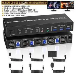 USB 3.0 Displayport + HDMI Dual Monitor KVM Switch 2 Monitors 4 Computers, 4K@60Hz KVM Switch 4 in 2 Out for 4 PC Share Keyboard Mouse with Audio Microphone and 3 USB 3.0 Ports, DP + HDMI KVM Switch USB 3.0 Displayport + HDMI Dual Monitor KVM Switch 2 Monitors 4 Computers, 4K@60Hz KVM Switch 4 in 2 Out for 4 PC Share Keyboard Mouse with Audio Microphone and 3 USB 3.0 Ports, DP + HDMI KVM Switch