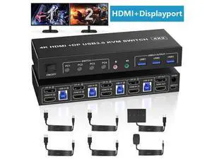 USB 3.0 Displayport + HDMI KVM Switch 2 Monitors 4 Computers, 4K@60Hz KVM Switch Dual Monitor 4 PC with Audio Microphone and 3 USB 3.0 Ports, 4 Port HDMI+DP Dual Monitor KVM Switch for 4 PC 2 Monitors USB 3.0 Displayport + HDMI KVM Switch 2 Monitors 4 Computers, 4K@60Hz KVM Switch Dual Monitor 4 PC with Audio Microphone and 3 USB 3.0 Ports, 4 Port HDMI+DP Dual Monitor KVM Switch for 4 PC 2 Monitors