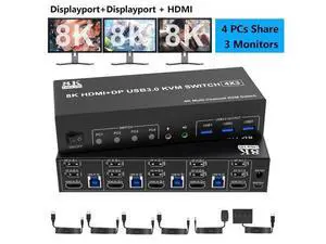 AUTYUE 8K@60Hz KVM Switch 3 Monitors 4 Computers 4K@144Hz, 2 DisplayPort +1 HDMI KVM Switch Triple Monitor for 4 Computer with Audio and 3 USB 3.0 Ports, 3 Monitor KVM Switches Keyboard Mouse Switcher AUTYUE 8K@60Hz KVM Switch 3 Monitors 4 Computers 4K@144Hz, 2 DisplayPort +1 HDMI KVM Switch Triple Monitor for 4 Computer with Audio and 3 USB 3.0 Ports, 3 Monitor KVM Switches Keyboard Mouse Switcher