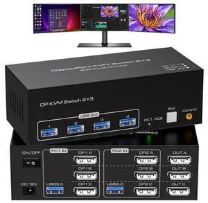 8K KVM Switch 3 Monitors 2 Computers Displayport 4K@120Hz USB 3.0 KVM Switches DP 1.4 Monitor Switch for 2 Computers with 4 USB Ports Support Extended & Copy Mode, With 12V DC Adapter and 2 USB cables 8K KVM Switch 3 Monitors 2 Computers Displayport 4K@120Hz USB 3.0 KVM Switches DP 1.4 Monitor Switch for 2 Computers with 4 USB Ports Support Extended & Copy Mode, With 12V DC Adapter and 2 USB cables