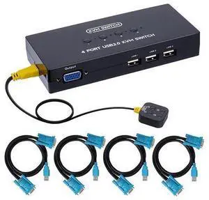 VGA KVM Switch 4 Port, USB VGA KVM Switcher for 4 Computers Share one Monitor 3 USB Devices Keyboard Mouse Scanner Printer, Including 4 KVM Cables & Desktop Control VGA KVM Switch 4 Port, USB VGA KVM Switcher for 4 Computers Share one Monitor 3 USB Devices Keyboard Mouse Scanner Printer, Including 4 KVM Cables & Desktop Control