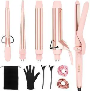 5 in 1 Curling Iron with Ceramic Barrels (0.35"-1.25"), Curling Wand Set with Flat Iron Hair Straightener, Instant Heat Up, Dual Voltage Hair Curler, Gifts for Women, Pink 5 in 1 Curling Iron with Ceramic Barrels (0.35"-1.25"), Curling Wand Set with Flat Iron Hair Straightener, Instant Heat Up, Dual Voltage Hair Curler, Gifts for Women, Pink