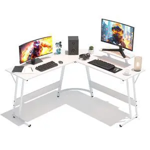 L-Shaped Desk, Corner Computer Gaming Desk with Large Desktop, 50 Inch Home Office Study Desk Writing with Monitor Stand, Small L Shaped Desk for Work and Study, White L-Shaped Desk, Corner Computer Gaming Desk with Large Desktop, 50 Inch Home Office Study Desk Writing with Monitor Stand, Small L Shaped Desk for Work and Study, White