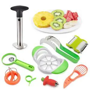 9 Pcs Fruit Slicer Set Pineapple Corer and Slicer, Watermelon Cutter, Strawberry Huller, Apple Cutter, Avocado, Kiwi Tool and More Stainless Steel Fruit Cutting Tools for Summer Parties and BBQs 9 Pcs Fruit Slicer Set Pineapple Corer and Slicer, Watermelon Cutter, Strawberry Huller, Apple Cutter, Avocado, Kiwi Tool and More Stainless Steel Fruit Cutting Tools for Summer Parties and BBQs