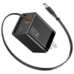 65W GaN USB C Charger with Retractable Charging Cable, 3-Port Power Adapter 65W GaN USB C Charger with Retractable Charging Cable, 3-Port Power Adapter