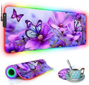 RGB Gaming Mouse Pad with Coffee Coaster, XXL Large Glowing LED Mousepad, Anti-Slip Rubber Base, Computer Keyboard Desk Mouse Mat 31.5 X 11.8 Inch - Purple Flowers and Butterfly RGB Gaming Mouse Pad with Coffee Coaster, XXL Large Glowing LED Mousepad, Anti-Slip Rubber Base, Computer Keyboard Desk Mouse Mat 31.5 X 11.8 Inch - Purple Flowers and Butterfly