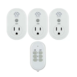 Indoor Wireless Remote Control Outlets 100-Foot RF Range, 3 Receivers & 1 Remote, Expandable Remote Light Switch for Household Appliances, Battery Included, 15A/1/2HP, UL Listed Indoor Wireless Remote Control Outlets 100-Foot RF Range, 3 Receivers & 1 Remote, Expandable Remote Light Switch for Household Appliances, Battery Included, 15A/1/2HP, UL Listed