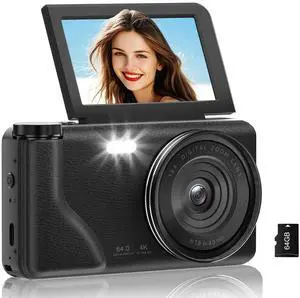 4K 64MP Digital Camera with 3" 180° Flip Screen, 2026 Latest Autofocus Vlogging Photography Camera for YouTube, 18X Digital Zoom Compact Travel Cameras with 64GB SD Card for Beginner (Black) 4K 64MP Digital Camera with 3" 180° Flip Screen, 2026 Latest Autofocus Vlogging Photography Camera for YouTube, 18X Digital Zoom Compact Travel Cameras with 64GB SD Card for Beginner (Black)