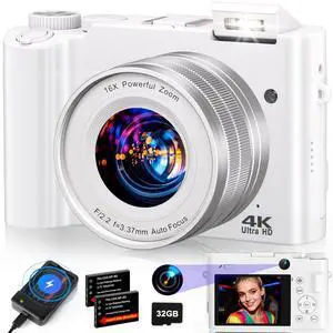 4K Digital Camera for Photography - 64MP Autofocus Vlogging Camera for YouTube with Dual-Lens - 16X Digital Zoom Anti Shake 3'' Selfie Compact Camera with Flash, 2 Batteries, Charging Stand-White 4K Digital Camera for Photography - 64MP Autofocus Vlogging Camera for YouTube with Dual-Lens - 16X Digital Zoom Anti Shake 3'' Selfie Compact Camera with Flash, 2 Batteries, Charging Stand-White