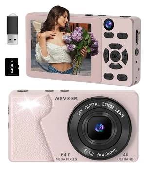 4K Digital Camera for Photography- 64MP Autofocus Vlogging Camera with Dual Lens, 18X Digital Zoom- Small Point and Shoot Camera with Card and 2000mAh for YouTube, Travel, Beginners (Pink) 4K Digital Camera for Photography- 64MP Autofocus Vlogging Camera with Dual Lens, 18X Digital Zoom- Small Point and Shoot Camera with Card and 2000mAh for YouTube, Travel, Beginners (Pink)
