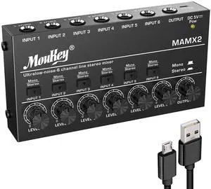 Audio Mixer, DC 5V, 6 Stereo Ultra, Low Noise 6 Channel Line Mixer for Sub-Mixing, for Small Clubs or Bars, As Guitars, Bass, Keyboards Mixer, MAMX2 Audio Mixer, DC 5V, 6 Stereo Ultra, Low Noise 6 Channel Line Mixer for Sub-Mixing, for Small Clubs or Bars, As Guitars, Bass, Keyboards Mixer, MAMX2