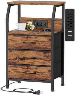 Night Stand with Charging Station, USB Ports and Outlets, 28.3 Inch Tall Bedside Table with Wood Shelf, 3 Fabric Drawers Side Table for Bedroom, 3 Ways to Use, Rustic Brown Night Stand with Charging Station, USB Ports and Outlets, 28.3 Inch Tall Bedside Table with Wood Shelf, 3 Fabric Drawers Side Table for Bedroom, 3 Ways to Use, Rustic Brown