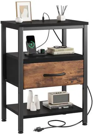 Bedside Table with Charging Station and Adjustable Fabric Drawer Compact Nightstand 3-Tier Storage Organizer End Table for Bedroom,Black and Brown Bedside Table with Charging Station and Adjustable Fabric Drawer Compact Nightstand 3-Tier Storage Organizer End Table for Bedroom,Black and Brown