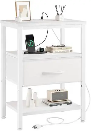Bedside Table with Charging Station and Adjustable Fabric Drawer Compact Nightstand 3-Tier Storage Organizer End Table for Bedroom,White Bedside Table with Charging Station and Adjustable Fabric Drawer Compact Nightstand 3-Tier Storage Organizer End Table for Bedroom,White