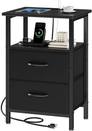 Nightstand with Charging Station, End Table Bedside Table with 2 Fabric Drawers, Black Night Stand with USB Ports & Outlets, 24.2" Tall Bed Side Table with Storage Shelf for Bedroom, Black Nightstand with Charging Station, End Table Bedside Table with 2 Fabric Drawers, Black Night Stand with USB Ports & Outlets, 24.2" Tall Bed Side Table with Storage Shelf for Bedroom, Black