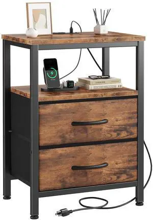 Nightstand with Charging Station Built in USB Ports and AC Outlets Bedside Table with Adjustable Fabric Drawer and Open Shelf Modern End Table for Bedroom,Brown Nightstand with Charging Station Built in USB Ports and AC Outlets Bedside Table with Adjustable Fabric Drawer and Open Shelf Modern End Table for Bedroom,Brown