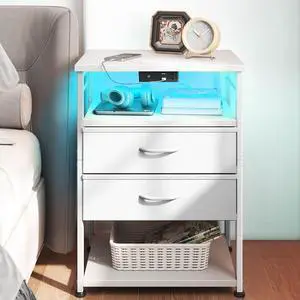 Night Stand with Charging Station, End Table for Bedroom Tall Nightstand with Drawers, Small Nightstand for Bedroom, 4 Tier Storage Bedside Table, White Night Stand with Charging Station, End Table for Bedroom Tall Nightstand with Drawers, Small Nightstand for Bedroom, 4 Tier Storage Bedside Table, White