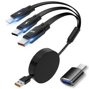 5A/100W Retractable Charger Cord USB to Multiple Type C Fast Charging Cable | Quick Charge 3-in-1 Multi Connector Cable for iPhone, iPad, Android, Tablet, Electronics, Travel Essentials (5.5FT Max) 5A/100W Retractable Charger Cord USB to Multiple Type C Fast Charging Cable | Quick Charge 3-in-1 Multi Connector Cable for iPhone, iPad, Android, Tablet, Electronics, Travel Essentials (5.5FT Max)