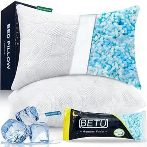 BETU Cooling King Size Pillows Set of 2, Shredded Memory Foam Cool Pillows for Hot Sleepers, Adjustable Firm Soft Support Bed Pillows Perfect for Back Neck Pain and Side Sleeping with Cover, White BETU Cooling King Size Pillows Set of 2, Shredded Memory Foam Cool Pillows for Hot Sleepers, Adjustable Firm Soft Support Bed Pillows Perfect for Back Neck Pain and Side Sleeping with Cover, White