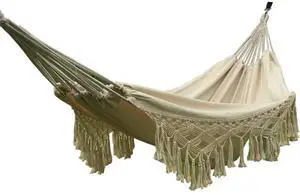Handmade Cotton Woven Balcony Hammock Hanging Rope Chair Porch Swing with Crochet Fringe for Backyard Patio Garden Outdoor and Indoor Boho Style Natural White Handmade Cotton Woven Balcony Hammock Hanging Rope Chair Porch Swing with Crochet Fringe for Backyard Patio Garden Outdoor and Indoor Boho Style Natural White