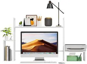 WelFurGeer LED Desk Shelf Organizer with RGB Light Strip, 2-Tier Desktop Shelf for Computer Monitor, Sturdy Metal Frame & Wood Shelves - Desk Hutch Bookshelf for Home Office, Dorm, Gaming (White) WelFurGeer LED Desk Shelf Organizer with RGB Light Strip, 2-Tier Desktop Shelf for Computer Monitor, Sturdy Metal Frame & Wood Shelves - Desk Hutch Bookshelf for Home Office, Dorm, Gaming (White)