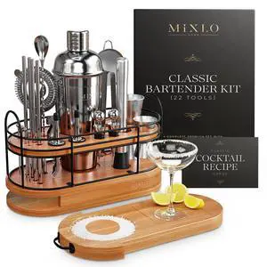 MIXLO HOME Mixology Bartender Kit - 22Pcs Bar Set Cocktail Shaker Set w Brown Bar Cart Accessories Stand - Shakers Bartending Silver Tools, 24oz Shaker, 17 Recipe Cards, Martini Barware MIXLO HOME Mixology Bartender Kit - 22Pcs Bar Set Cocktail Shaker Set w Brown Bar Cart Accessories Stand - Shakers Bartending Silver Tools, 24oz Shaker, 17 Recipe Cards, Martini Barware