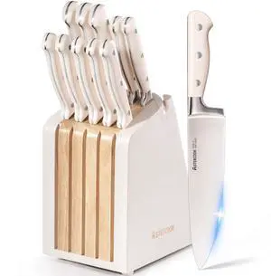 Astercook Knife Set, Kitchen Knife Set with Block and Sharpener, 12 Pcs Ultra-Sharp High Carbon Stainless Steel Knife Block Set with Non-Slip Full Tang Ergonomic Handle, Cream White Cutlery Set Astercook Knife Set, Kitchen Knife Set with Block and Sharpener, 12 Pcs Ultra-Sharp High Carbon Stainless Steel Knife Block Set with Non-Slip Full Tang Ergonomic Handle, Cream White Cutlery Set