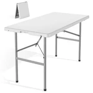DUMOS 4 Feet Folding Picnic Table, Plastic Table with Carrying Handle, Heavy Duty Portable Table for Camping Party, White DUMOS 4 Feet Folding Picnic Table, Plastic Table with Carrying Handle, Heavy Duty Portable Table for Camping Party, White