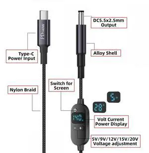 USB C to DC Jack 140W Power Cable Type C USB-C Input to 20V 15V 12V 9V 5V DC 5.5x2.5mm Output Power LED Display USB C to DC Jack 140W Power Cable Type C USB-C Input to 20V 15V 12V 9V 5V DC 5.5x2.5mm Output Power LED Display