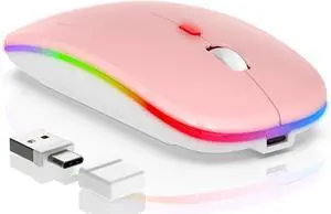 LED Wireless Laptop Mouse, Bluetooth Wireless Mouse for MacBook Air Pro Mac iPad PC, Rechargeable 2 Mode (BT 5.2 + 2.4G USB A/USB C Receiver) Slim Portable Computer Mice with Jiggler Mode - Pink LED Wireless Laptop Mouse, Bluetooth Wireless Mouse for MacBook Air Pro Mac iPad PC, Rechargeable 2 Mode (BT 5.2 + 2.4G USB A/USB C Receiver) Slim Portable Computer Mice with Jiggler Mode - Pink
