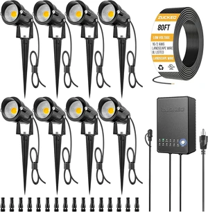 ZUCKEO All-in-One Landscape Lighting Kit, 5W LED Low Voltage Landscape Lights with Transformer and 80FT Wire, Waterproof Outdoor Spotlight with Connectors for Yard Garden House, 3000K 12-24V 8Pack ZUCKEO All-in-One Landscape Lighting Kit, 5W LED Low Voltage Landscape Lights with Transformer and 80FT Wire, Waterproof Outdoor Spotlight with Connectors for Yard Garden House, 3000K 12-24V 8Pack