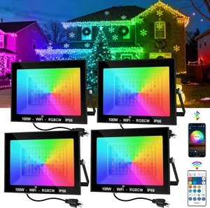 RGB LED Flood Light Outdoor 1000W Equivalent, 100W Bluetooth RGBCW Smart Floodlights 2700K, 16 Million Color Changing, Timing, Music Sync, IP66 Waterproof Landscape Light with US Plug (4 Pack) RGB LED Flood Light Outdoor 1000W Equivalent, 100W Bluetooth RGBCW Smart Floodlights 2700K, 16 Million Color Changing, Timing, Music Sync, IP66 Waterproof Landscape Light with US Plug (4 Pack)