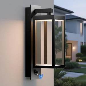 Modern Motion Sensor Outdoor Wall Light Sconce with Glass, 850LM LED, IP65 Waterproof Aluminum Lantern - Anti-Rust Exterior Lighting for Porch, Garage, Front Door, Patio,Black